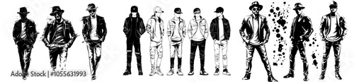 An assortment of stylish men's sketches on a white background. The season for fashion is here.