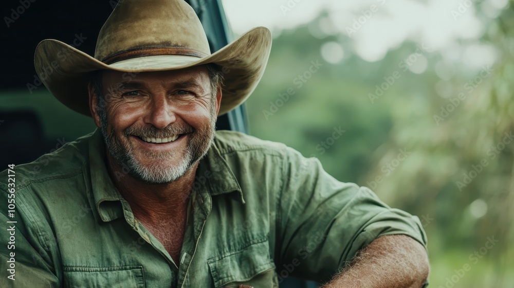 A rugged man with a warm smile wearing a cowboy hat poses outdoors in casual attire, exuding a sense of joy and adventure in a natural setting. A rugged man with a warm smile wearing a cowboy hat poses outdoors in casual attire, exuding a sense of joy and adventure in a natural setting.