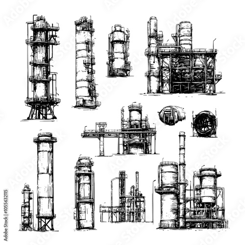 The production of polymers at a chemical plant, hand-drawn Vectot