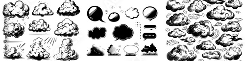 Various shaped cartoon talk bubbles. Comic book graphic art words, bubbles and clouds used in modern illustration.