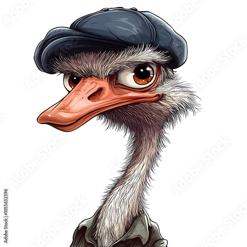 Cartoon ostrich in a stylish cap, looking sassy on a white background.