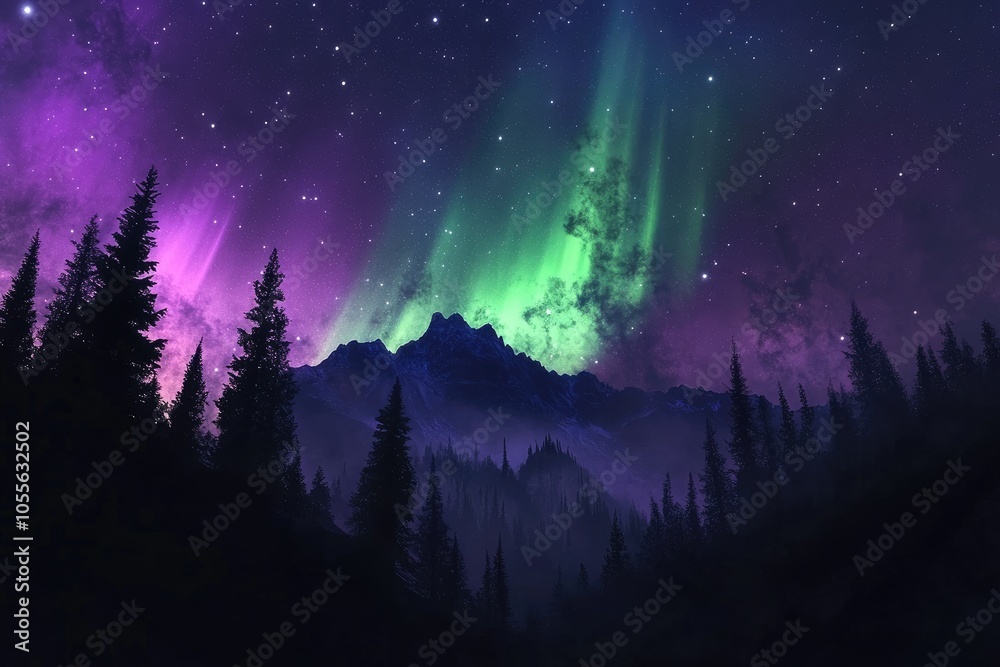 Fototapeta premium Silhouetted Forest with Vibrant Aurora Borealis