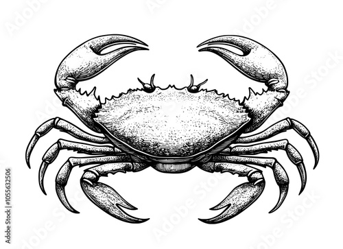 The crab is isolated on a white background. This image shows vintage hatching and modern monochrome black effects.