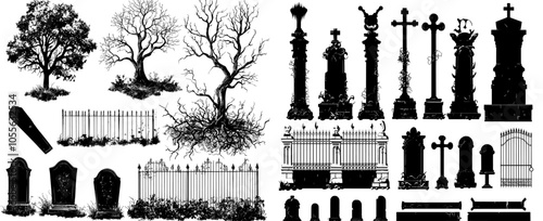 Modern illustration set of Halloween graveyard silhouettes. Creepy gravestones and terrifying fences.