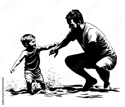 A father and daughter lying on the beach in a hand sketch. Illustration in the modern style.