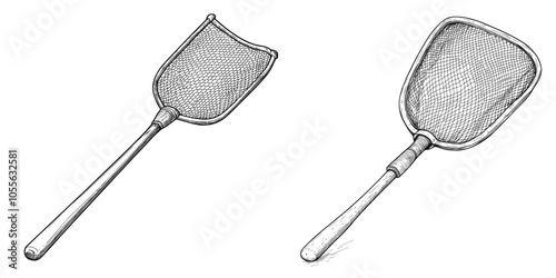 Doodle sketch of a fishing net caught in outline style isolated on a white background