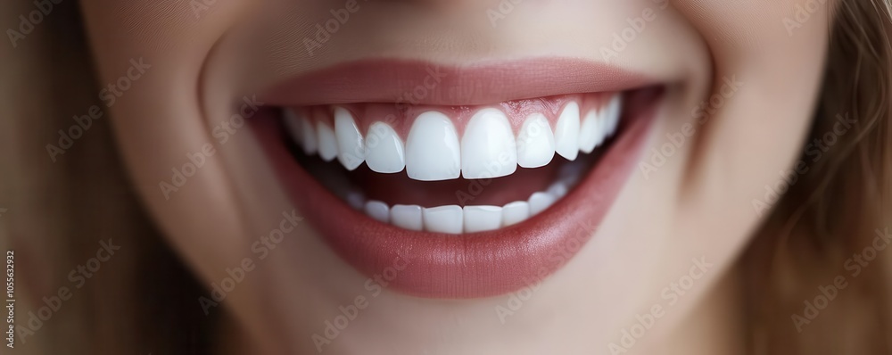 Close-up of woman s smile, lips parted, white teeth shining, beauty and charm concept Close-up of woman s smile, lips parted, white teeth shining, beauty and charm concept