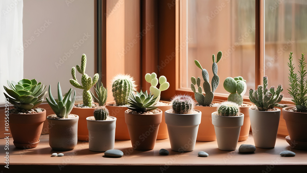 A variety of small, potted succulents and cacti arranged on a windowsill, with light streaming through the window.