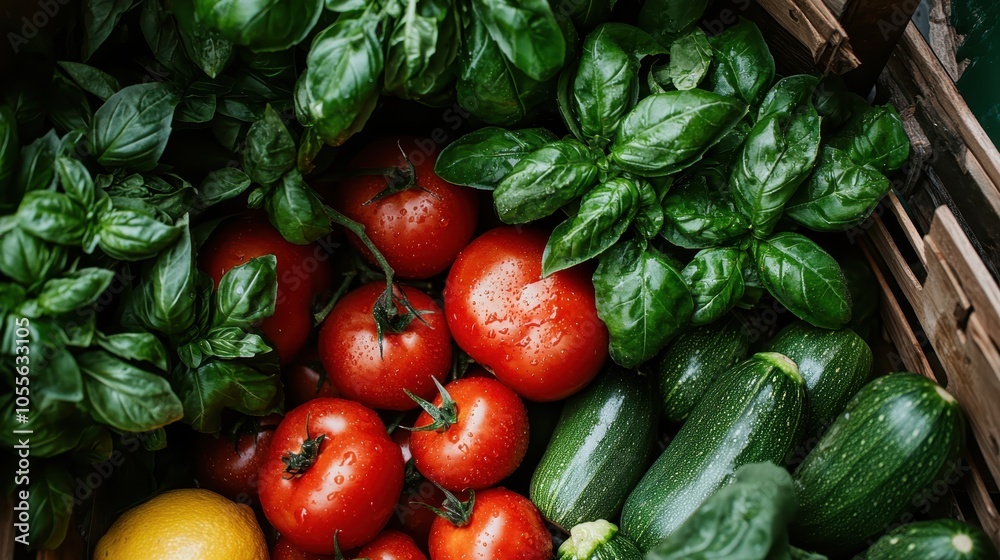 An assortment of freshly picked tomatoes, basil, and cucumbers in a rustic wooden crate, showcasing the freshness and vibrancy of nature's bounty. An assortment of freshly picked tomatoes, basil, and cucumbers in a rustic wooden crate, showcasing the freshness and vibrancy of nature's bounty.