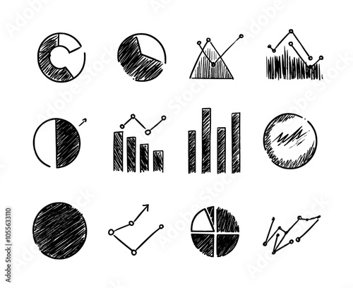 Hand drawn graphical elements: pie charts, bar charts, line graphs, and diagrams.