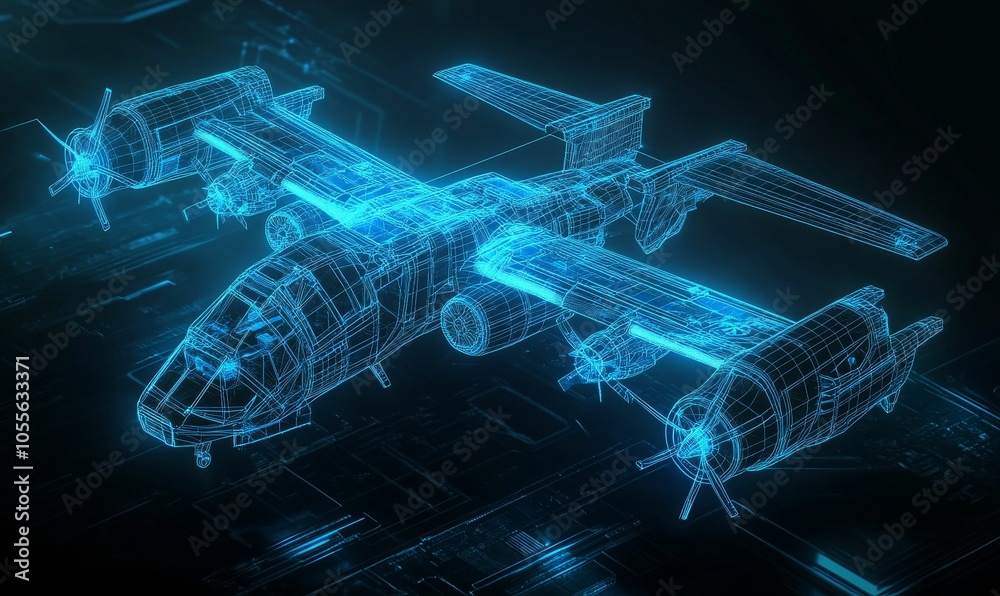 Wireframe model of an airplane, blue glow. Wireframe model of an airplane, blue glow.