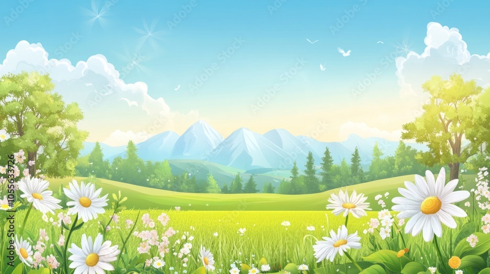 A serene landscape featuring mountains, flowers, and a clear sky.