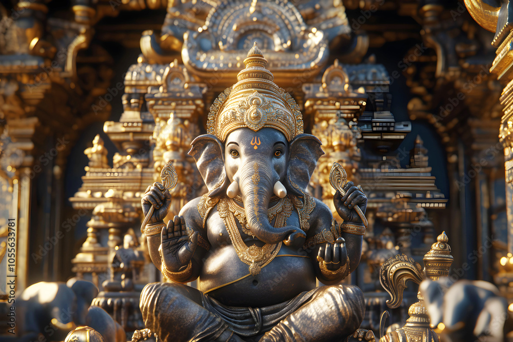 Fototapeta premium A majestic statue of Lord Ganesha, adorned with a golden crown and jewelry, sits in a richly detailed temple setting.