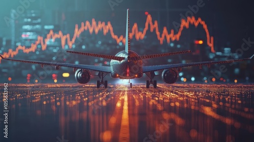 Airline jet taking off with stock market graph overlay on airport runway a fusion of aviation and finance trends