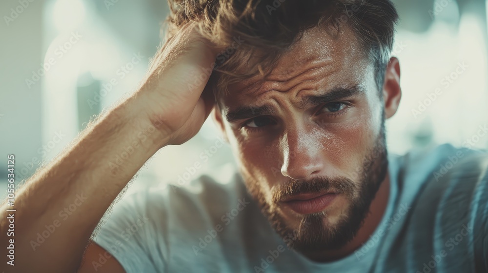 A man with a rugged beard, sweating slightly, rests his hand on his head, conveying a sense of contemplation and exhaustion. The image reflects a thoughtful expression. A man with a rugged beard, sweating slightly, rests his hand on his head, conveying a sense of contemplation and exhaustion. The image reflects a thoughtful expression.