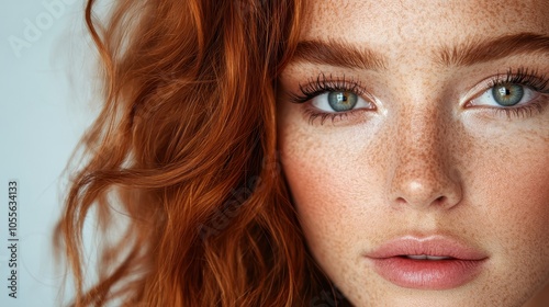 This half-face portrait captures a woman with curly red hair and green eyes gazing forward, blending mystery and elegance, and creates a strong visual impact.