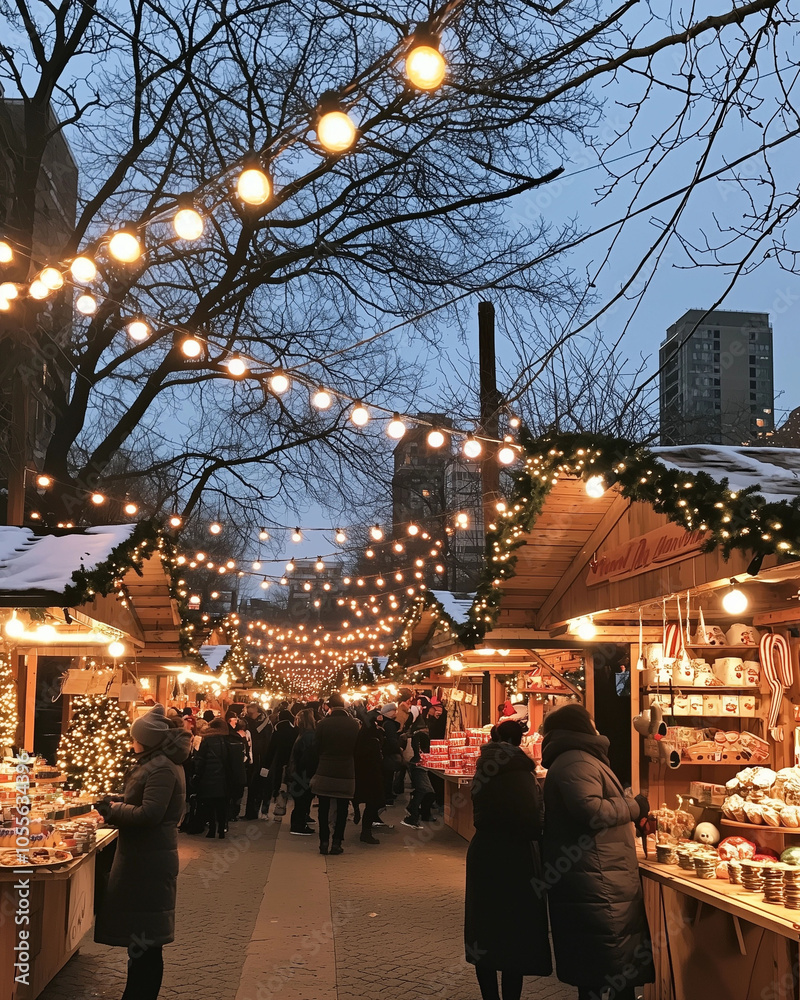 Bustling christmas street market at twilight Bustling christmas street market at twilight