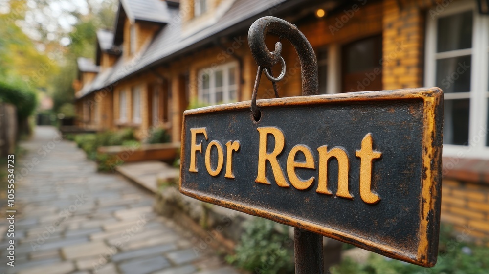 Charming historical rowhouses with a stone walkway and lush greenery in the background are available for rent, featuring a prominent For Rent sign in the foreground