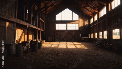 Vintage barn interior with sunlight streaming through wooden windows