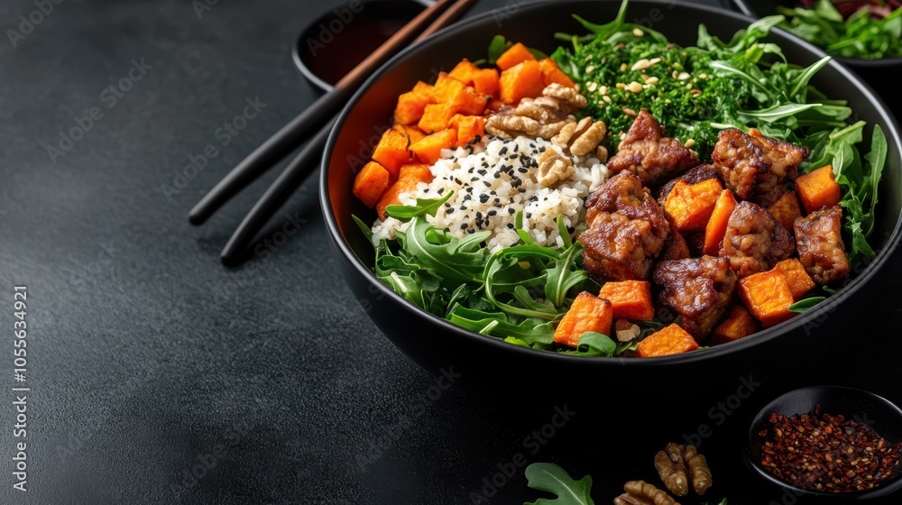 A colorful vegan bowl with roasted sweet potatoes, tempeh, rice, arugula, and walnuts, garnished with sesame seeds, arranged beautifully for a nutritious meal. A colorful vegan bowl with roasted sweet potatoes, tempeh, rice, arugula, and walnuts, garnished with sesame seeds, arranged beautifully for a nutritious meal.