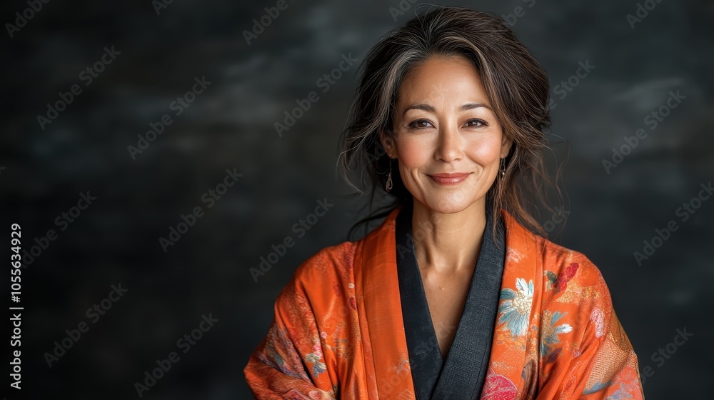 Stylish woman with artfully styled hair, wearing an intricate floral robe, smiles warmly against a soft, blend-toned background, reflecting poise and elegance.