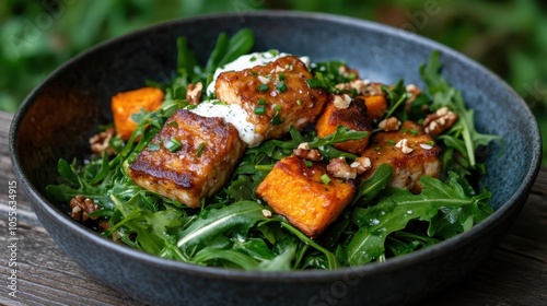 A fresh salad combining grilled tofu pieces, roasted sweet potatoes, walnuts, and arugula topped with a creamy dressing, offering a delightful healthy dish.