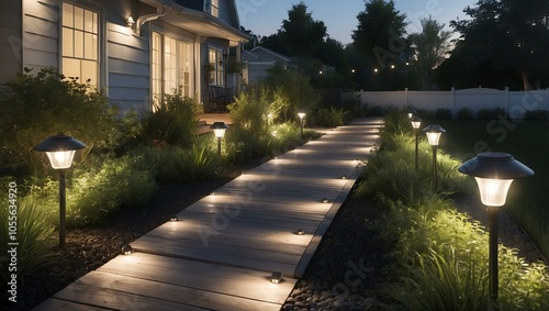 Solar-powered garden lights illuminating a pathway surrounded by greenery