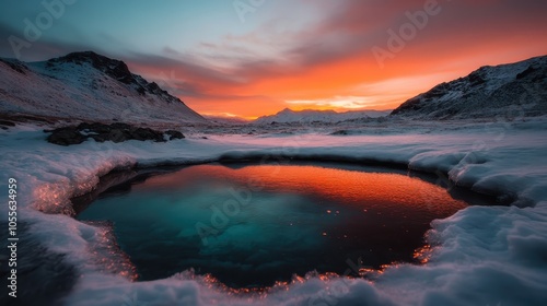 A tranquil sunset casts vibrant colors over an icy landscape, where a small body of water mirrors fiery tones of the sky amidst snow-covered surroundings.