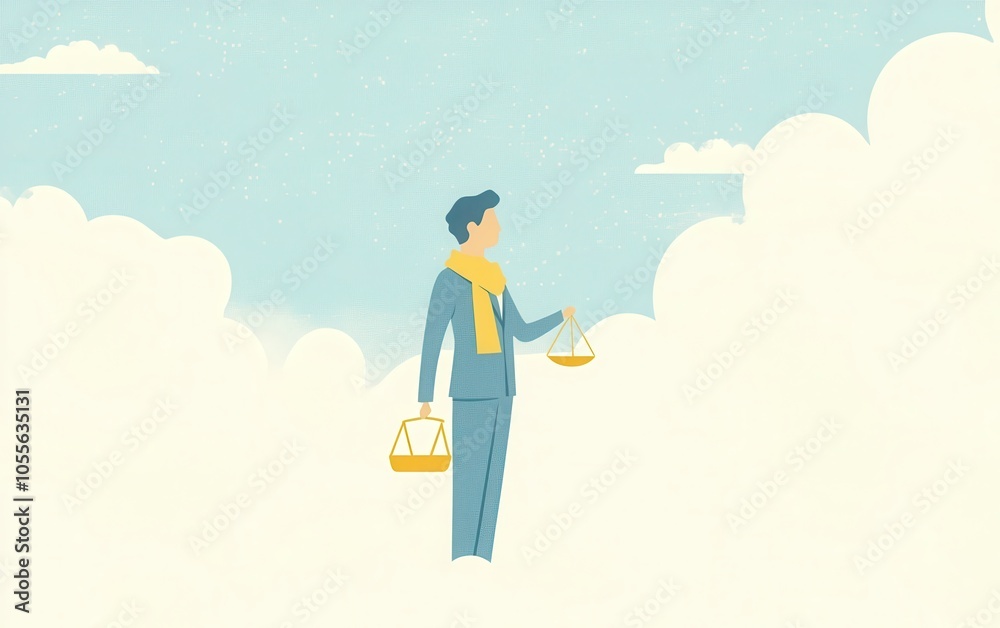 A 2D flat vector illustration of a man dressed in a blue suit and yellow scarf, holding a pair of scales. A 2D flat vector illustration of a man dressed in a blue suit and yellow scarf, holding a pair of scales.