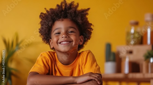 An enthusiastic child with curly hair rests elbows on a table, vividly smiling in a yellow setting with plants and kitchen items, exuding warmth and positivity. photo