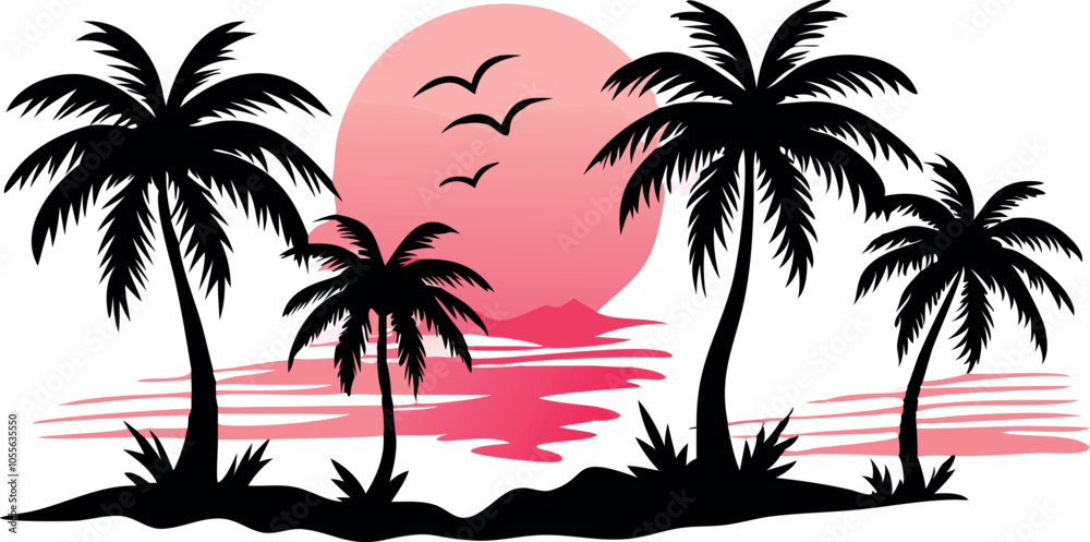 Fototapeta premium Silhouettes of Palm Trees and Pink Sun Vector. Set of Palm Trees and Sunrise Vector Silhouette. 