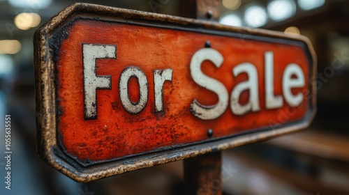 A worn-out, rusted vintage For Sale sign with bold white letters on a red background, set in a blurred indoor setting with warm lighting, indicating an item or property available for purchase photo