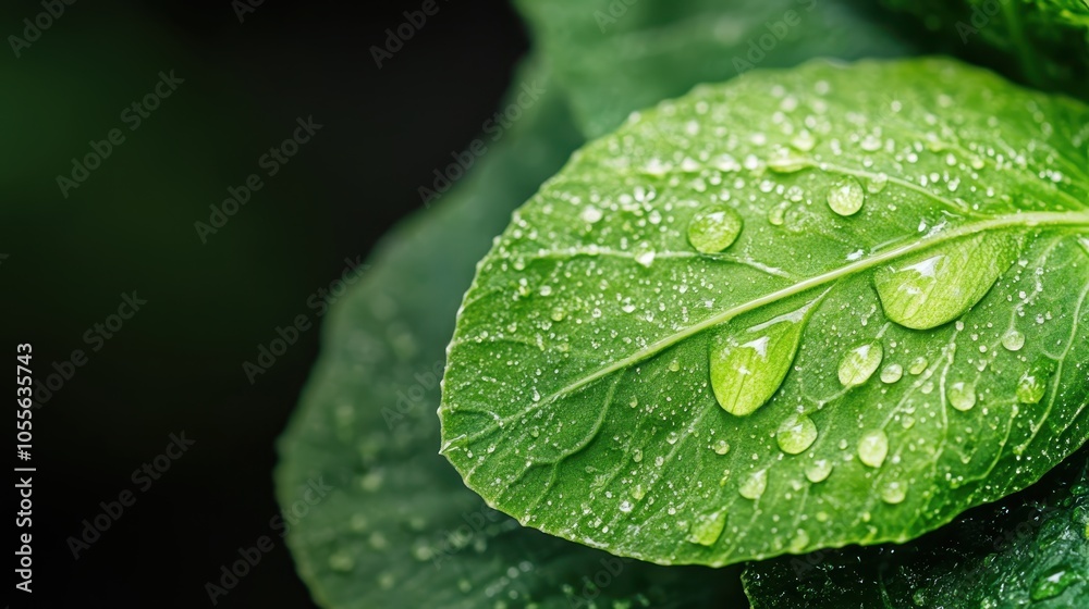 Fototapeta premium A detailed close-up of a cabbage leaf reveals intricate veins and dewdrops scattered across its vibrant green surface, illustrating freshness and natural simplicity.