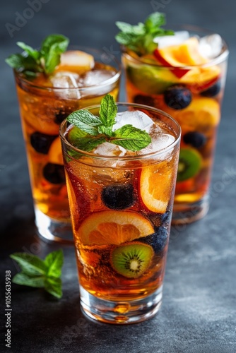 Colorful cocktails filled with fresh fruit slices and mint leaves in tall glasses, perfect for enjoying on a hot summer afternoon