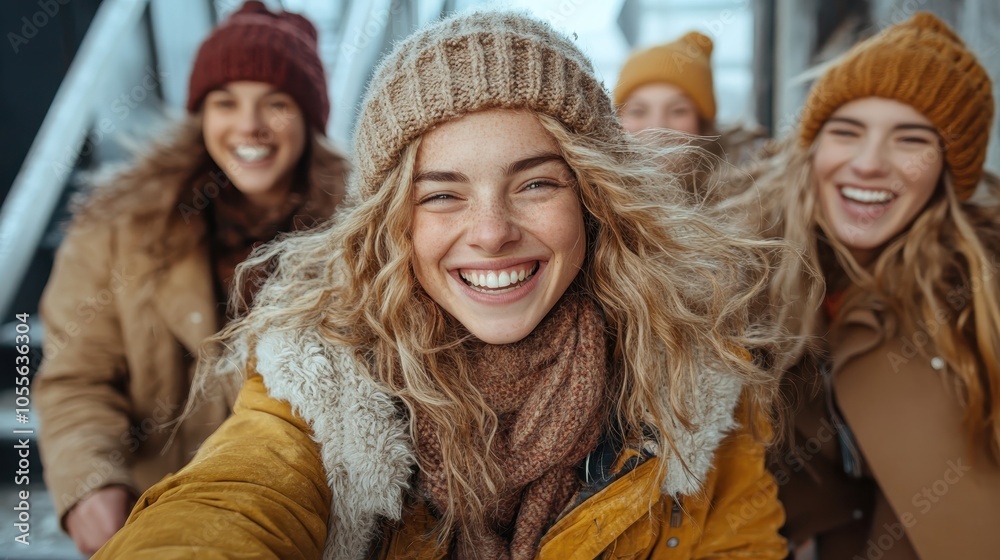 Four friends bundled up in cozy winter clothing, smiling and laughing as they enjoy a snowy day outside, capturing the essence of warmth and friendship in winter.
