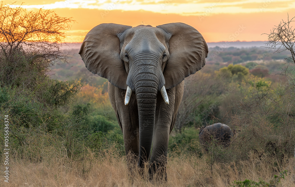 Fototapeta premium A majestic elephant standing tall in the African savanna, with acacia trees and wildlife in the background under an orange sky at sunset