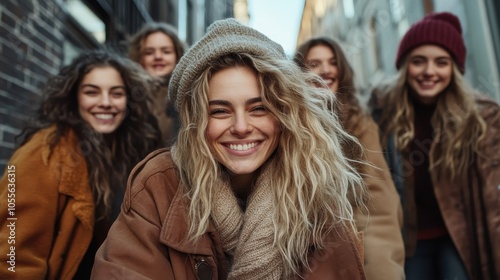 A group of five friends poses happily on a charming urban street, bundled up in winter clothing. They capture the essence of joy, camaraderie, and warmth.