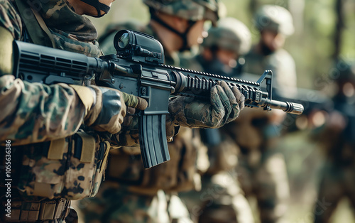 Close-up of soldiers holding rifles, standing in a line with equipment and gear on their backs. photo