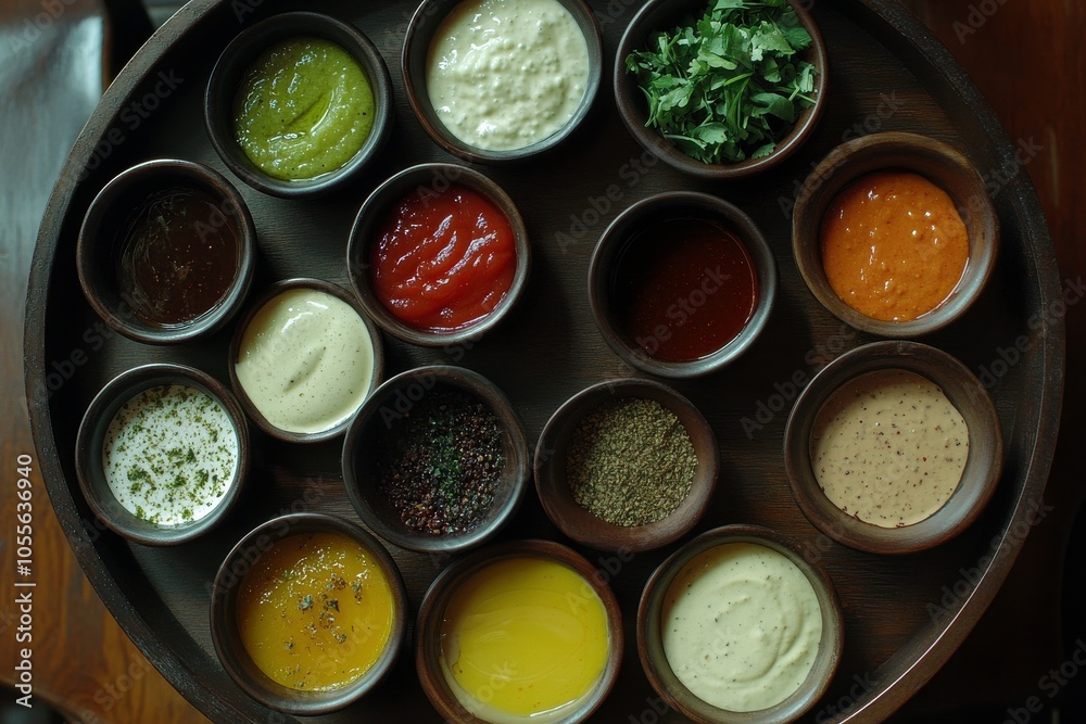 Assorted Sauces and Seasonings in Bowls on a Circular Tray Assorted Sauces and Seasonings in Bowls on a Circular Tray