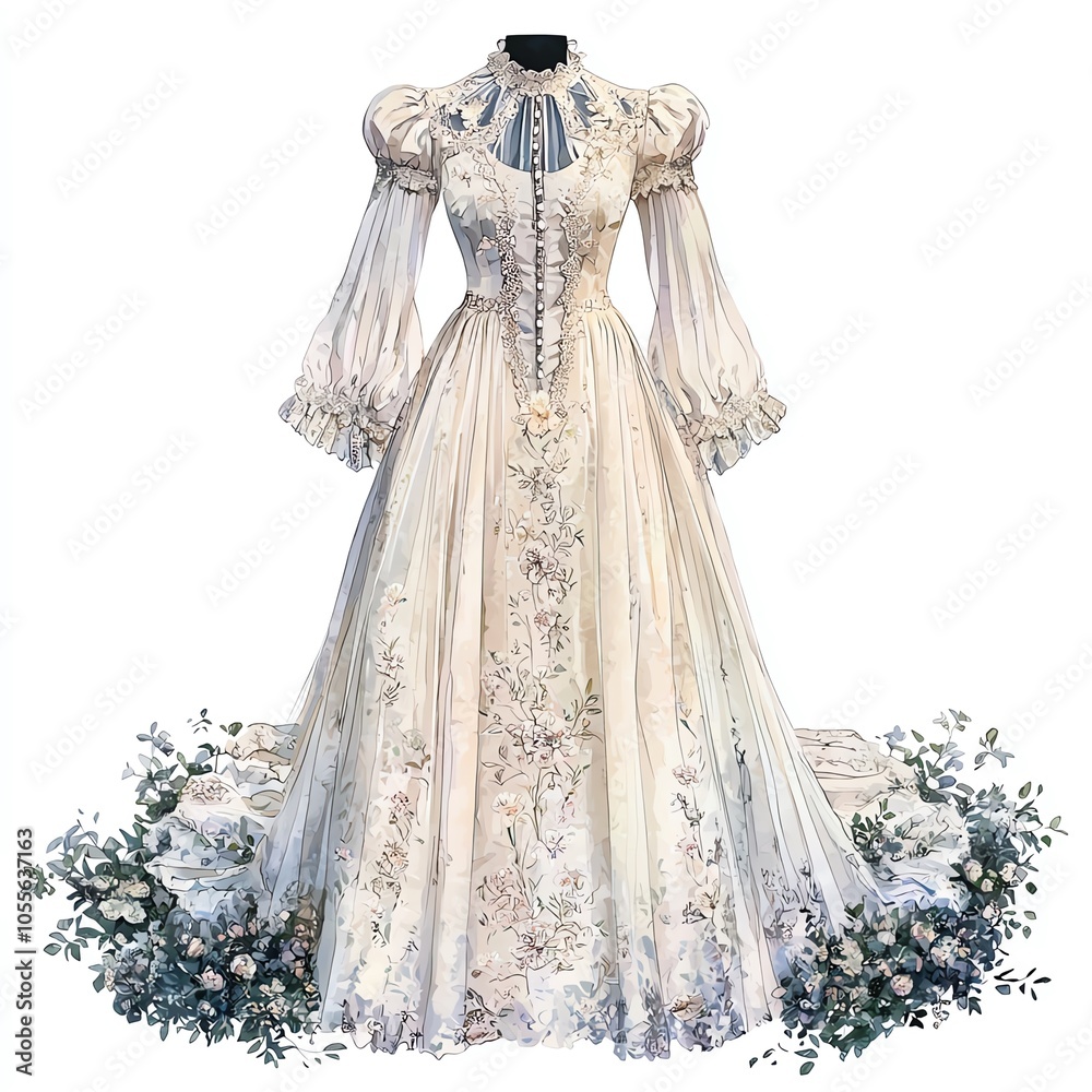 Obraz premium Elegant vintage white dress with floral embroidery on a white isolate background.