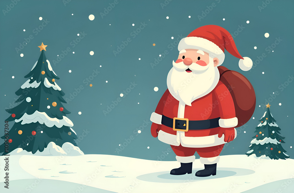 Merry Christmas and happy new year greeting card with Santa Claus. Holiday cartoon characters Merry Christmas and happy new year greeting card with Santa Claus. Holiday cartoon characters