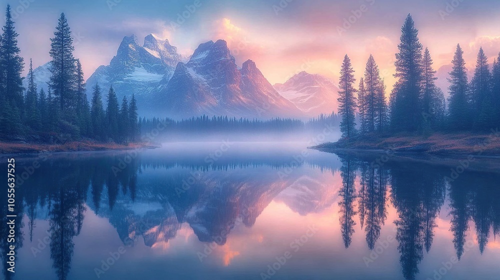 A serene high-resolution landscape of a calm mountain lake surrounded by towering pine forests. Snow-capped peaks reflect perfectly on the mirror-like water surface under a pastel-colored dawn sky. A serene high-resolution landscape of a calm mountain lake surrounded by towering pine forests. Snow-capped peaks reflect perfectly on the mirror-like water surface under a pastel-colored dawn sky.