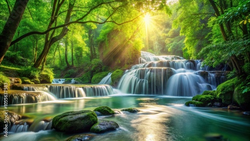 A cascading waterfall flows through a lush green forest, bathed in the golden rays of the setting sun