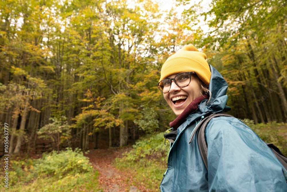 Joyful hike in autumn forest Joyful hike in autumn forest
