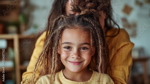 A joyful young girl with dark hair styled in dreadlocks smiles warmly at the camera, against an artfully uncluttered background, capturing her youthful innocence. photo