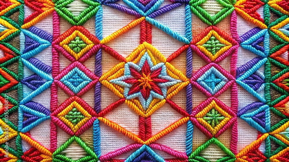 Geometric shapes and patterns composed of interconnected stitches and threads in bold colors, chevron pattern, geometric pattern, textile art, graphic design, optical illusion Geometric shapes and patterns composed of interconnected stitches and threads in bold colors, chevron pattern, geometric pattern, textile art, graphic design, optical illusion