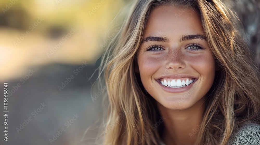 Young woman s open smile, flawless white teeth, casual outdoor setting, natural glow