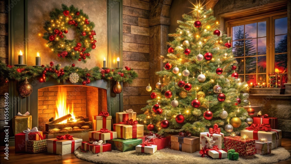 A Warm and Festive Christmas Setting with a Decorated Tree, a Burning Fireplace, and Presents Underneath A Warm and Festive Christmas Setting with a Decorated Tree, a Burning Fireplace, and Presents Underneath