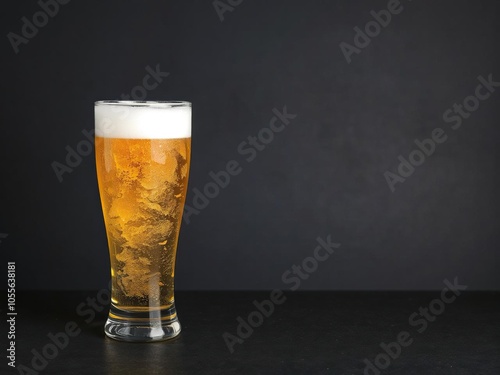 Glass of ice-cold beer with a perfect foamy head on a dark backdrop, beverage, glass, foam