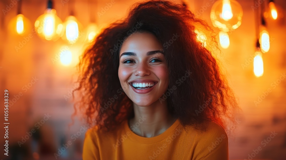 A cheerful woman with voluminous hair smiles warmly at the camera, framed by a glowing background of artistic light fixtures, creating a charming portrait. A cheerful woman with voluminous hair smiles warmly at the camera, framed by a glowing background of artistic light fixtures, creating a charming portrait.